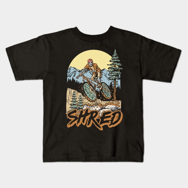 Shred! Skeleton  Mountain Biker Skull Bike Rider Outdoors Graphic Kids T-Shirt by GIANTSTEPDESIGN